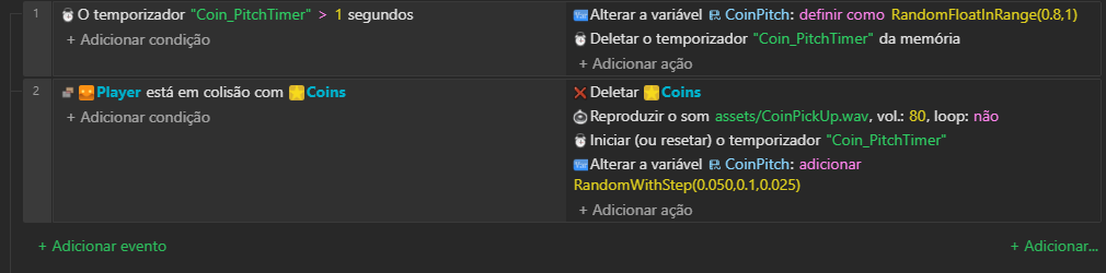 Uma folha de eventos do Assemble3: condições à esquerda, ações à direita.